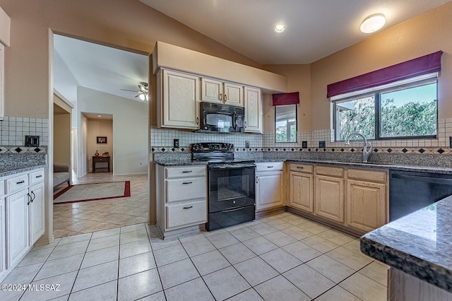 kitchen featuring lofted ceiling, backsplash, black appliances, ceiling fan, and light tile patterned floors