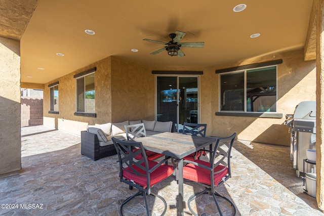 view of patio with an outdoor hangout area and ceiling fan