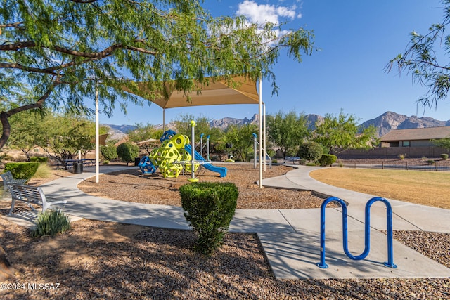 view of play area with a mountain view