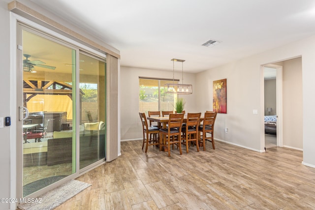 dining area with hardwood / wood-style floors and ceiling fan