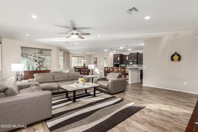 living room with ceiling fan and wood-type flooring