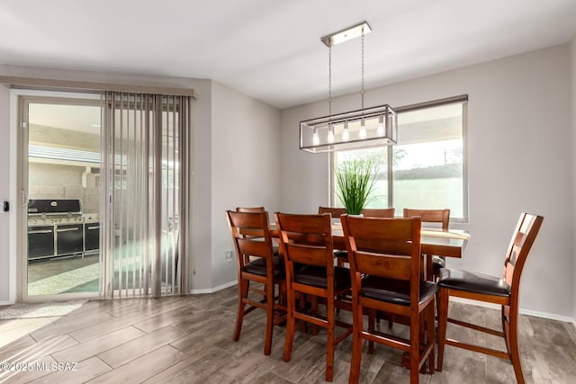 dining space with wood-type flooring