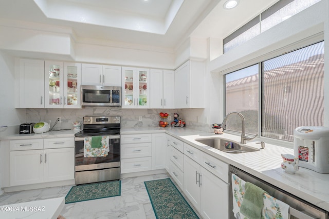 kitchen featuring decorative backsplash, white cabinetry, stainless steel appliances, and sink