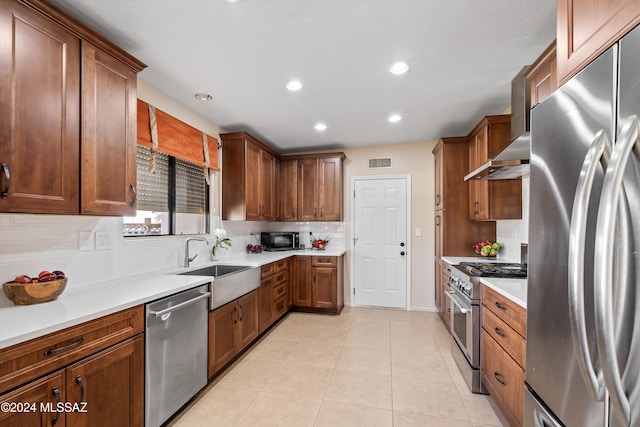 kitchen with sink, wall chimney exhaust hood, stainless steel appliances, backsplash, and light tile patterned flooring