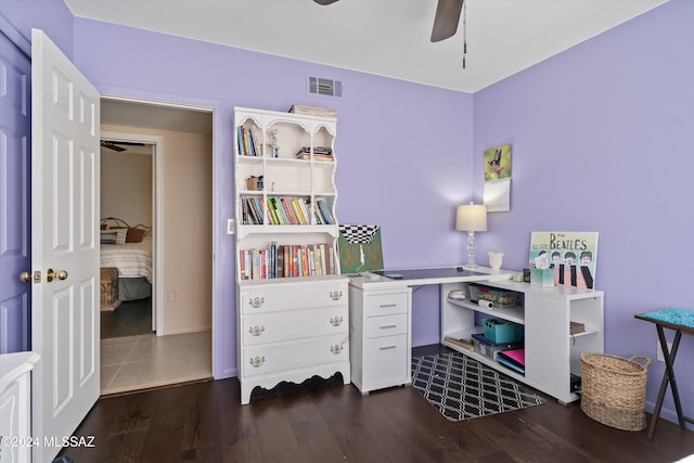 office space featuring ceiling fan and dark hardwood / wood-style flooring