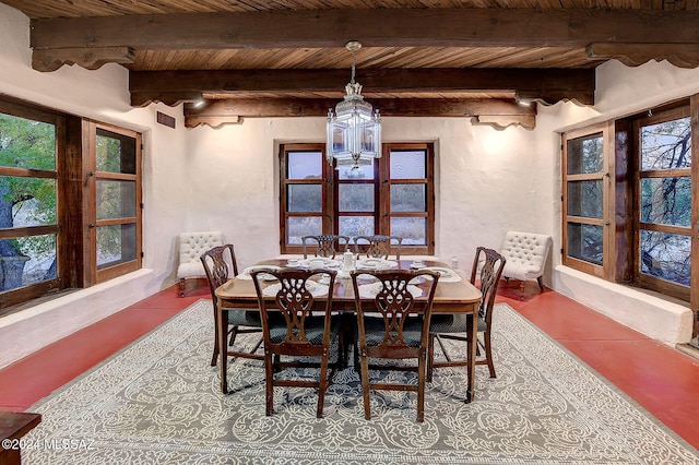 dining space featuring beam ceiling and wooden ceiling