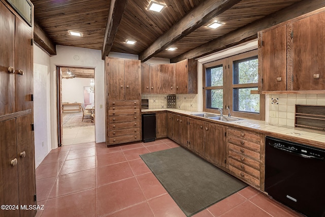 kitchen with tile countertops, dishwasher, decorative backsplash, tile patterned flooring, and beam ceiling