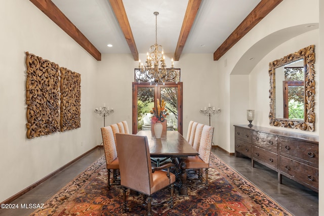 dining area featuring beam ceiling and a notable chandelier