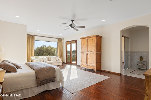 bedroom with wood-type flooring and ceiling fan