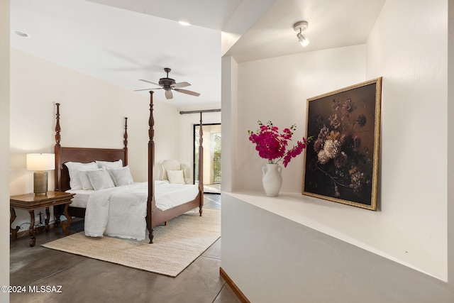 bedroom with access to exterior and ceiling fan