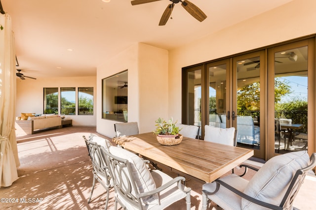 exterior space featuring french doors and ceiling fan