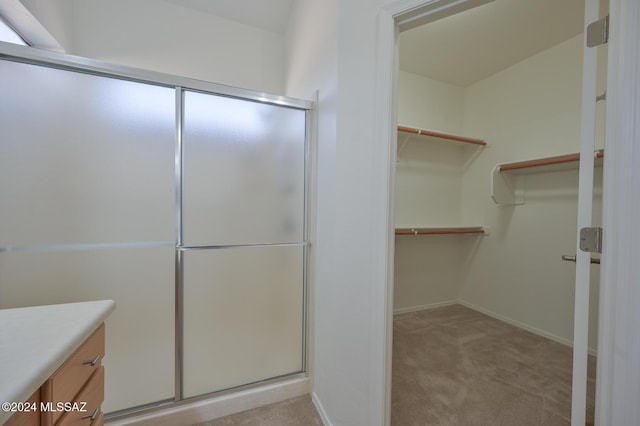 bathroom with a shower with shower door and vanity