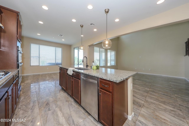 kitchen with visible vents, recessed lighting, dishwasher, a sink, and baseboards