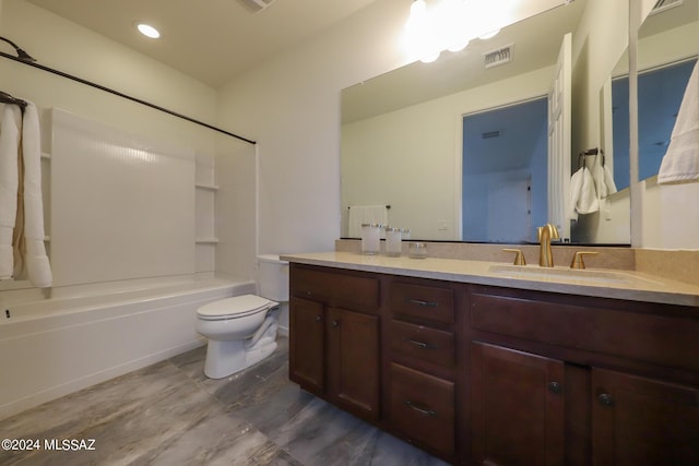 full bathroom featuring shower / bath combination, vanity, visible vents, and toilet