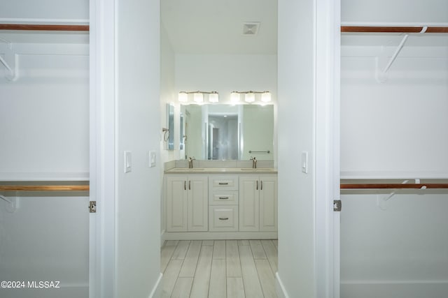 bathroom with wood-type flooring and vanity