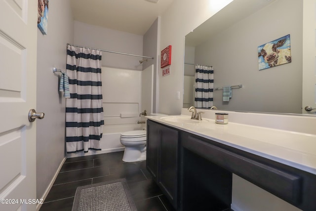 full bathroom featuring shower / bath combo, tile patterned flooring, vanity, and toilet