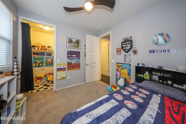 bedroom featuring carpet and ceiling fan