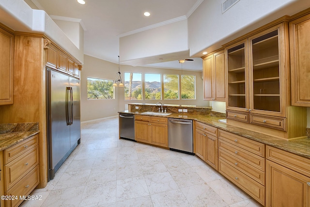 kitchen featuring stainless steel appliances, crown molding, sink, dark stone countertops, and hanging light fixtures