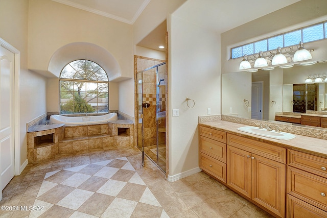 bathroom with tile patterned floors, vanity, ornamental molding, and plus walk in shower