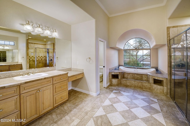 full bathroom featuring ornamental molding, tile patterned flooring, independent shower and bath, and toilet