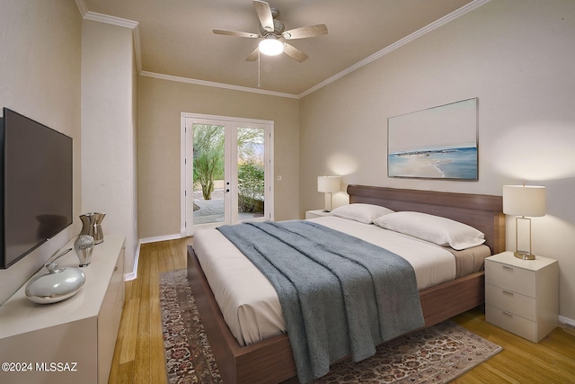 bedroom with light wood-type flooring, access to outside, ceiling fan, and crown molding