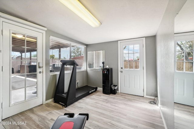 workout room featuring light hardwood / wood-style flooring