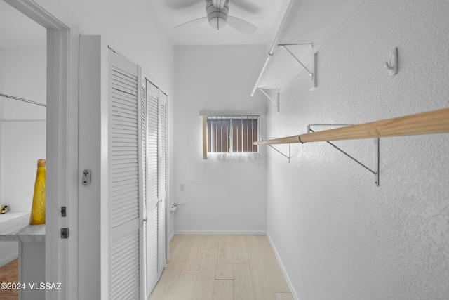 spacious closet with light hardwood / wood-style flooring and ceiling fan