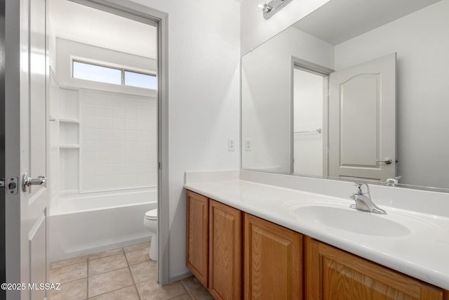 full bath featuring toilet, vanity, shower / bathing tub combination, and tile patterned floors