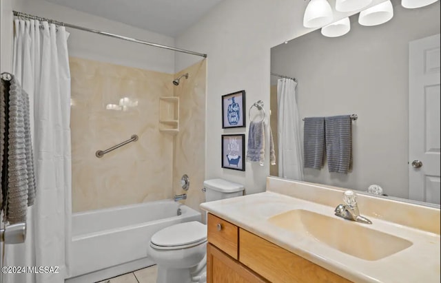 full bathroom featuring shower / bath combination with curtain, vanity, tile patterned flooring, and toilet