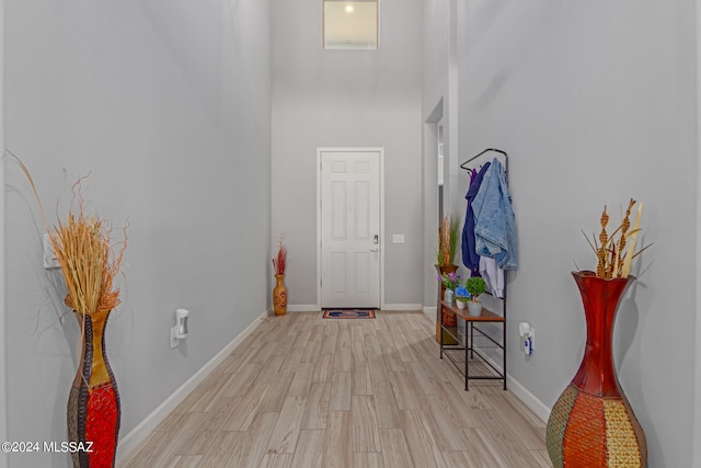 entrance foyer featuring a towering ceiling and light hardwood / wood-style flooring