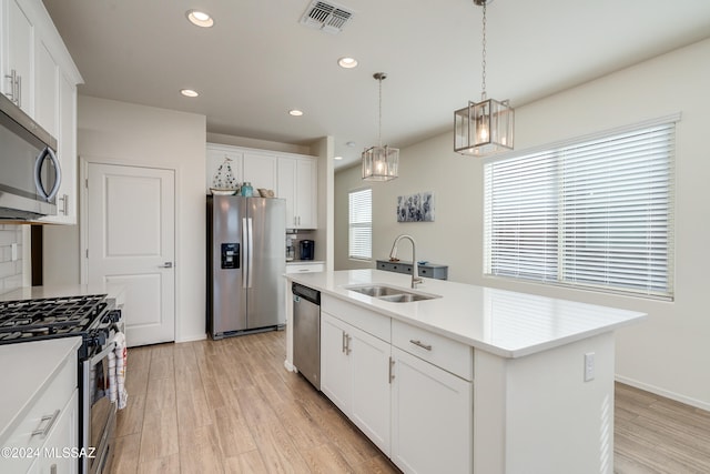 kitchen with an island with sink, sink, white cabinets, pendant lighting, and appliances with stainless steel finishes