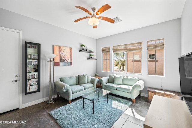 living room with ceiling fan