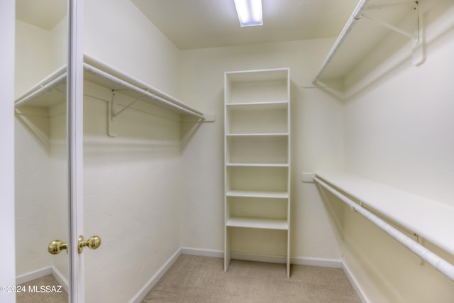 walk in closet featuring light carpet