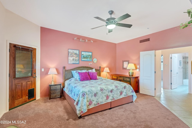 carpeted bedroom with ceiling fan