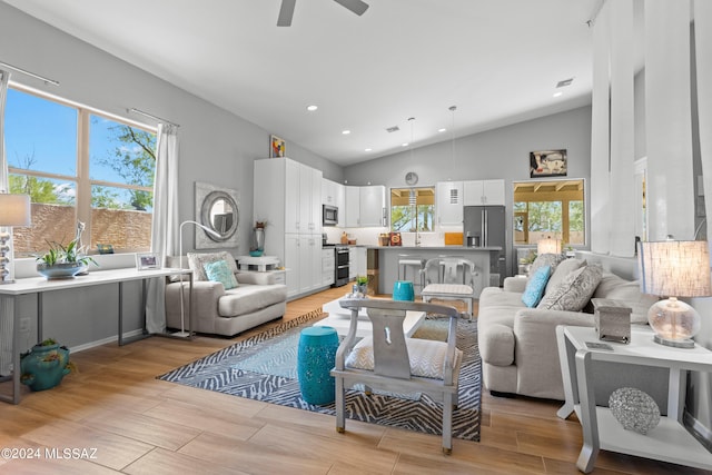 living room featuring light hardwood / wood-style floors, vaulted ceiling, and a wealth of natural light