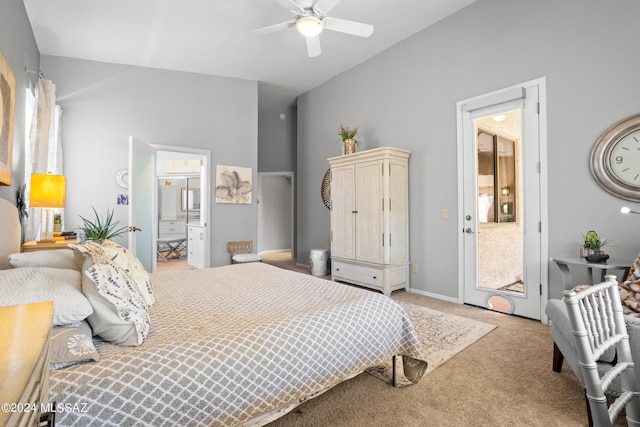 carpeted bedroom featuring ensuite bath and ceiling fan