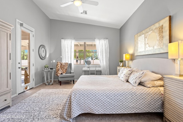 bedroom with lofted ceiling, access to outside, light colored carpet, and ceiling fan