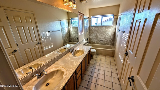 full bathroom with vanity, tile patterned flooring, toilet, and shower / bathtub combination with curtain