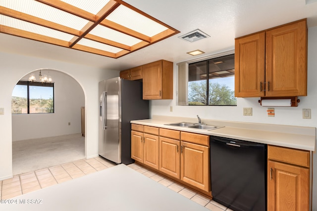 kitchen with dishwasher, sink, stainless steel fridge with ice dispenser, a notable chandelier, and light colored carpet