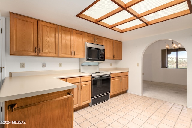 kitchen featuring range with electric cooktop, light colored carpet, and an inviting chandelier