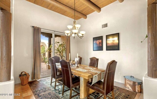 5550 W Open R Pl, Tucson, AZ 85713 - dining space featuring wooden ceiling, beamed ceiling, a chandelier, and tile patterned flooring