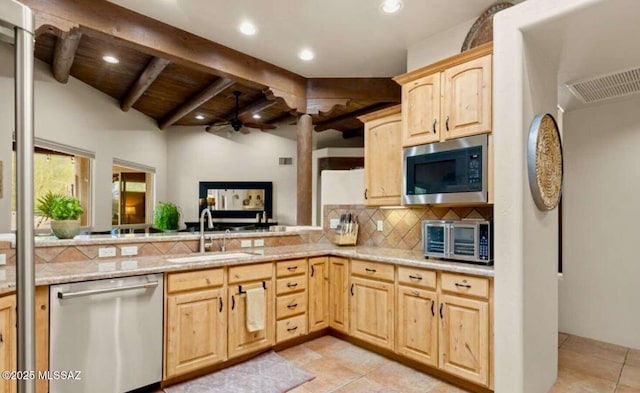 5550 W Open R Pl, Tucson, AZ 85713 - kitchen with dishwasher, built in microwave, a sink, light brown cabinets, and a ceiling fan