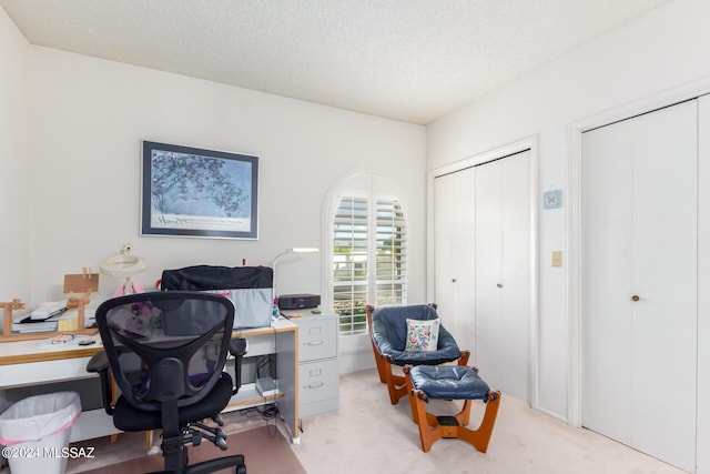 carpeted office with a textured ceiling