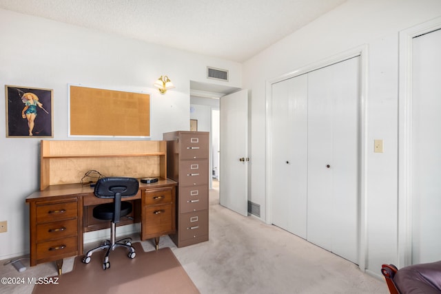 office area featuring light colored carpet