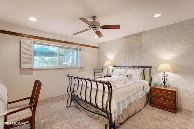 bedroom with recessed lighting, ceiling fan, and light colored carpet