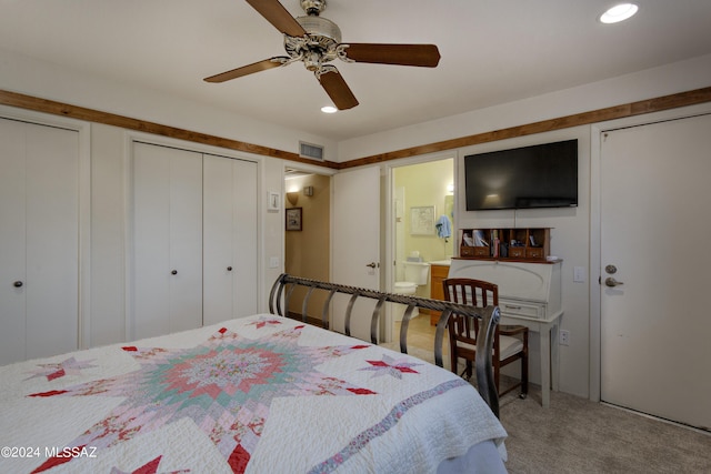2798 S Camino Selva, Green Valley, AZ 85622 - bedroom featuring carpet flooring, visible vents, recessed lighting, a ceiling fan, and multiple closets