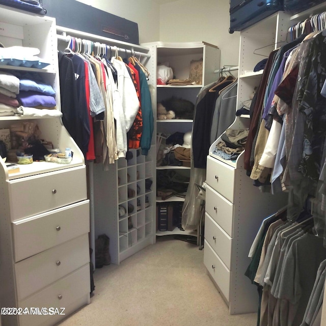 walk in closet featuring light carpet