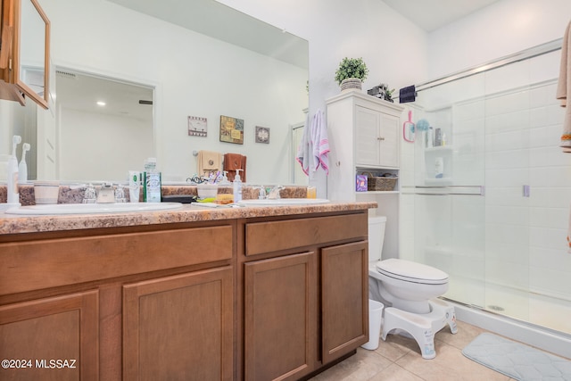 bathroom with vanity, tile patterned flooring, toilet, and an enclosed shower