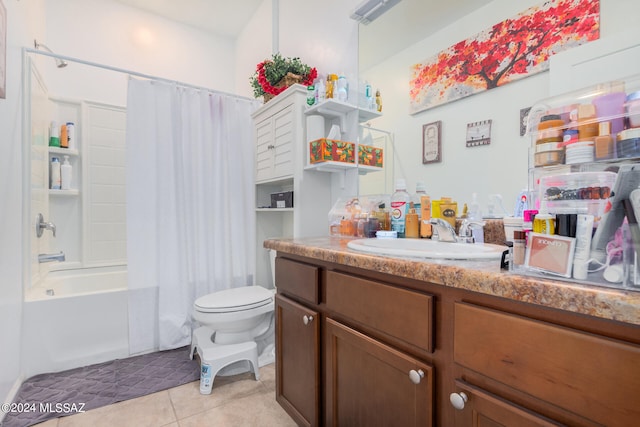 full bathroom with toilet, tile patterned flooring, vanity, and shower / tub combo