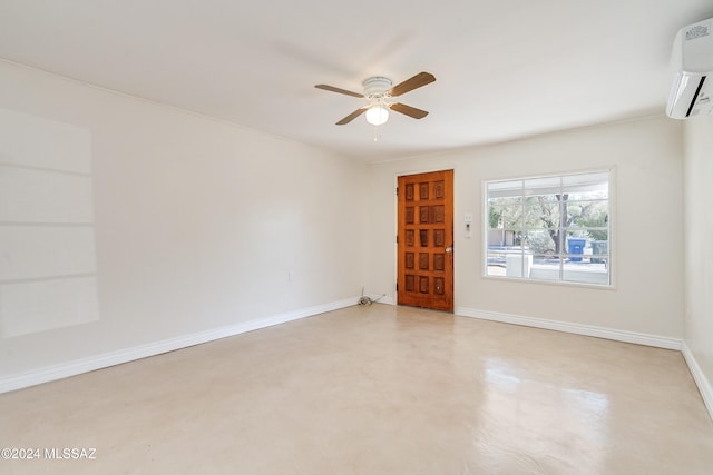 unfurnished room featuring ceiling fan and a wall mounted air conditioner